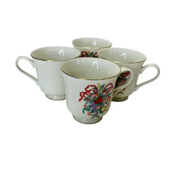 Elegant Vintage Fine China Tea Cup & Saucer Set of 4 Floral Ribbon Gold Trim